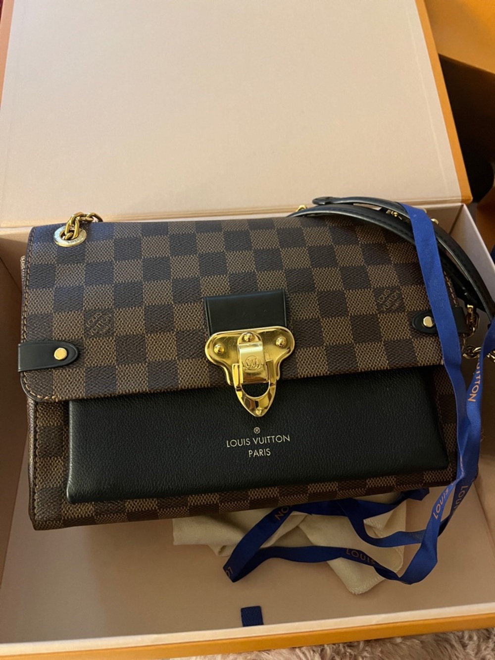 Louis Vuitton Brown Damier Ebene with Black Leather & Gold Hardware Shoulder Bag